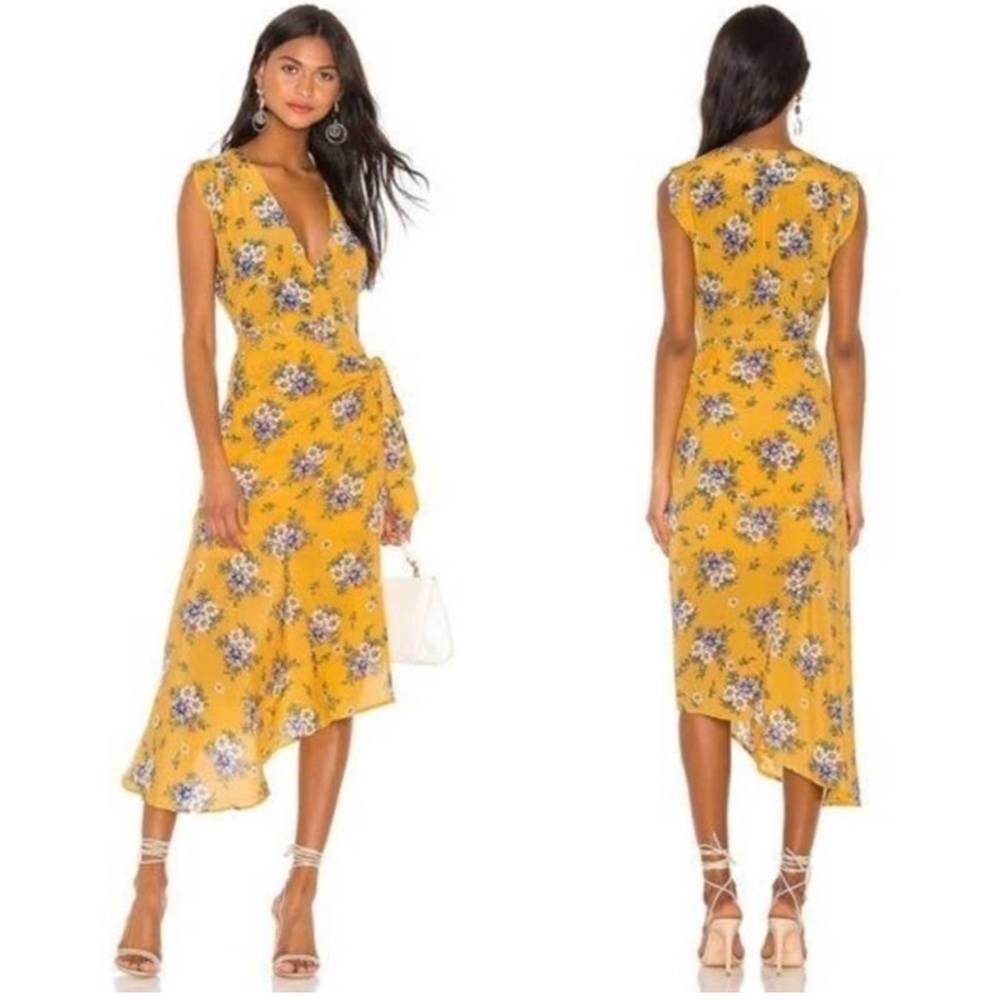 Yellow Floral Wrap Midi Dress